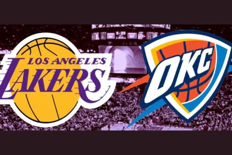 Basketball action during Lakers vs. Thunder game